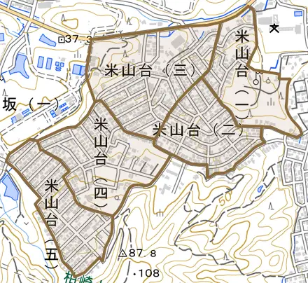 米山台とその周辺の地図。町の範囲を重ねている