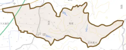 大字吉井とその周辺の地図。町の範囲を重ねている