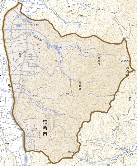 大字善根とその周辺の地図。町の範囲を重ねている
