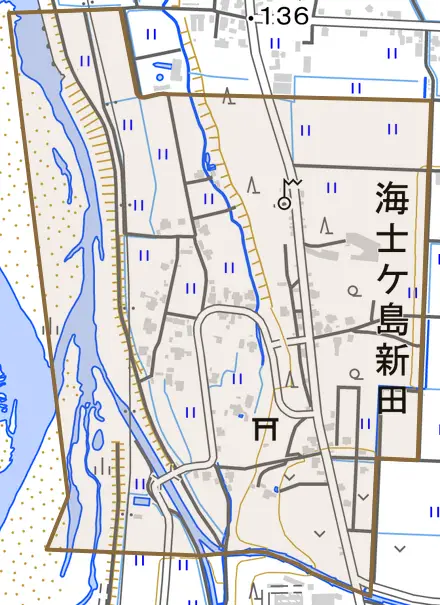 海士ケ島新田とその周辺の地図。町の範囲を重ねている