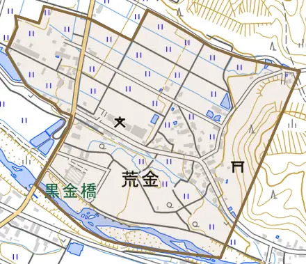 荒金とその周辺の地図。町の範囲を重ねている