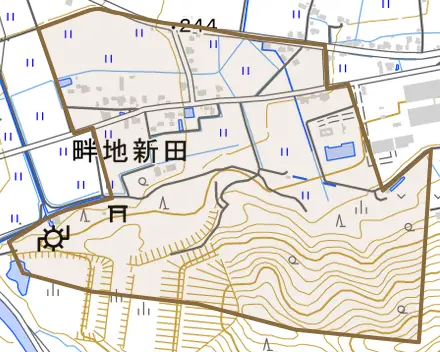 畔地新田とその周辺の地図。町の範囲を重ねている