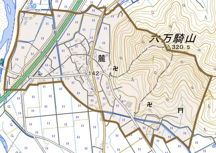 麓とその周辺の地図。町の範囲を重ねている