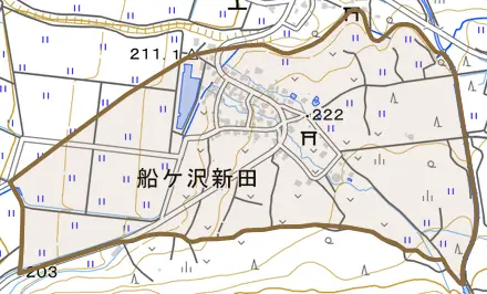 船ケ沢新田とその周辺の地図。町の範囲を重ねている