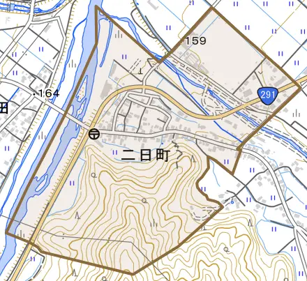二日町とその周辺の地図。町の範囲を重ねている