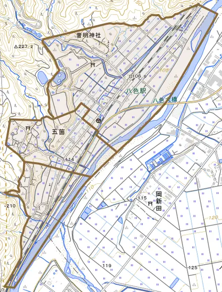 五箇とその周辺の地図。町の範囲を重ねている