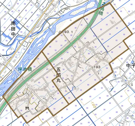 五郎丸とその周辺の地図。町の範囲を重ねている