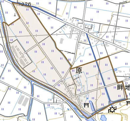 原とその周辺の地図。町の範囲を重ねている