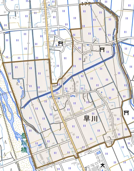 早川とその周辺の地図。町の範囲を重ねている