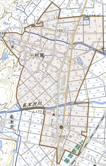 一村尾とその周辺の地図。町の範囲を重ねている