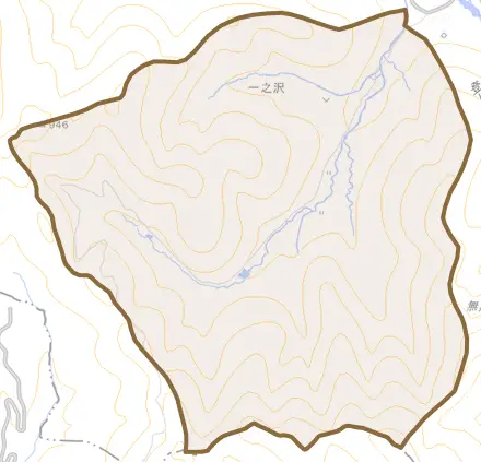 一之沢とその周辺の地図。町の範囲を重ねている