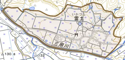 雷土とその周辺の地図。町の範囲を重ねている