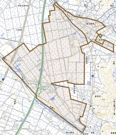 雷土新田とその周辺の地図。町の範囲を重ねている