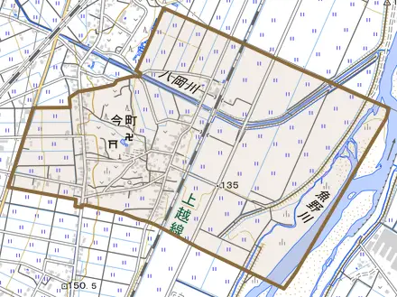 今町とその周辺の地図。町の範囲を重ねている