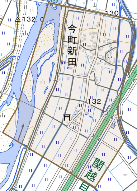 今町新田とその周辺の地図。町の範囲を重ねている