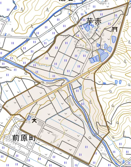 芋赤とその周辺の地図。町の範囲を重ねている