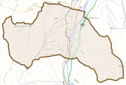 石打とその周辺の地図。町の範囲を重ねている