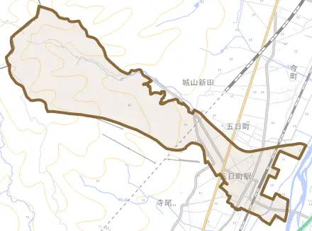 五日町とその周辺の地図。町の範囲を重ねている