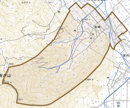 岩崎とその周辺の地図。町の範囲を重ねている