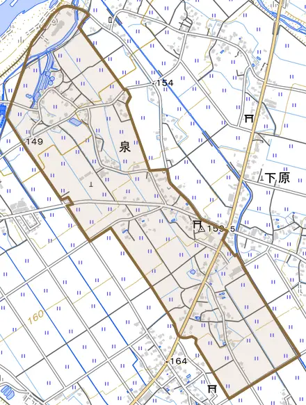 泉とその周辺の地図。町の範囲を重ねている