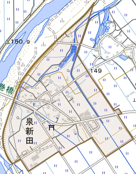 泉新田とその周辺の地図。町の範囲を重ねている