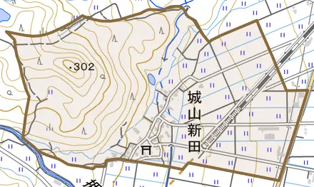 城山新田とその周辺の地図。町の範囲を重ねている