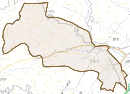 欠之上とその周辺の地図。町の範囲を重ねている