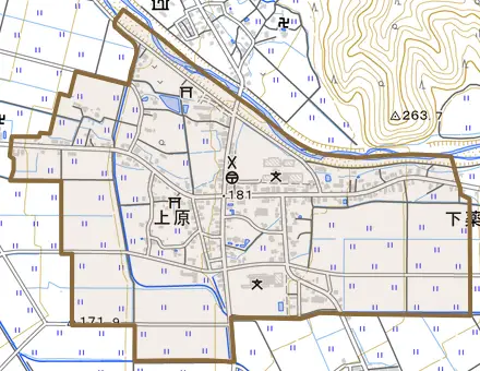 上原とその周辺の地図。町の範囲を重ねている