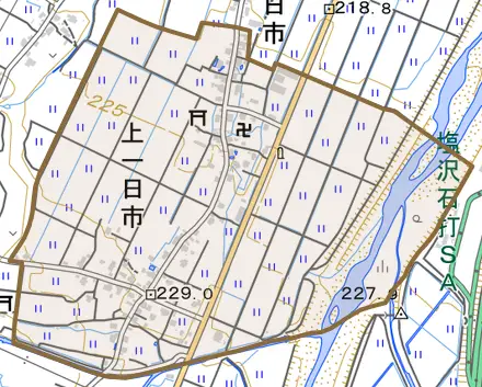 上一日市とその周辺の地図。町の範囲を重ねている