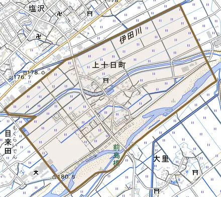 上十日町とその周辺の地図。町の範囲を重ねている