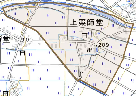 上薬師堂とその周辺の地図。町の範囲を重ねている