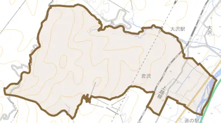 君沢とその周辺の地図。町の範囲を重ねている