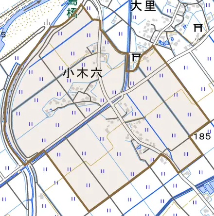 小木六とその周辺の地図。町の範囲を重ねている