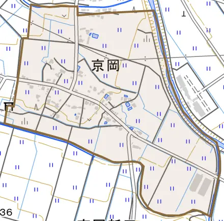 京岡とその周辺の地図。町の範囲を重ねている