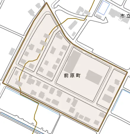前原町とその周辺の地図。町の範囲を重ねている