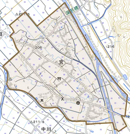 宮とその周辺の地図。町の範囲を重ねている