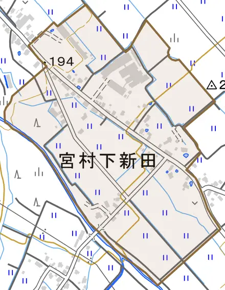 宮村下新田とその周辺の地図。町の範囲を重ねている