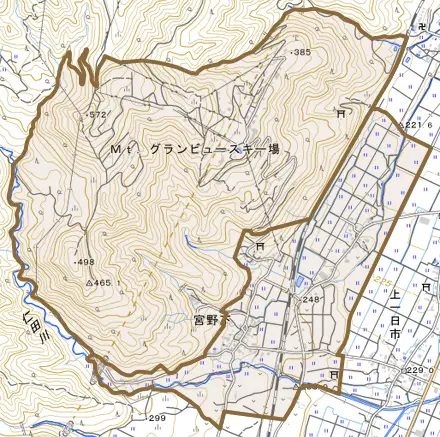 宮野下とその周辺の地図。町の範囲を重ねている
