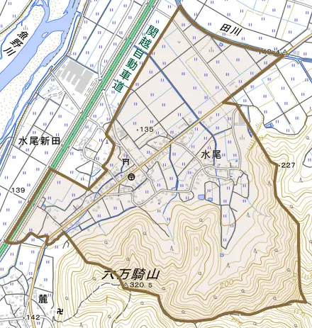 水尾とその周辺の地図。町の範囲を重ねている