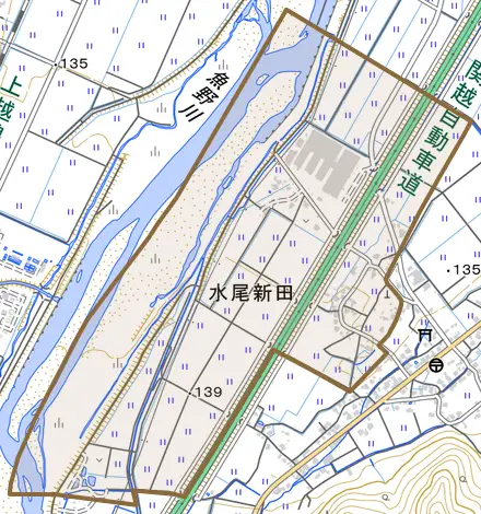 水尾新田とその周辺の地図。町の範囲を重ねている