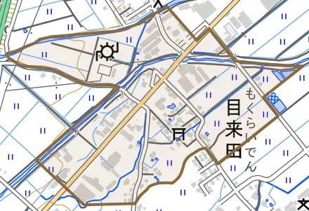 目来田とその周辺の地図。町の範囲を重ねている