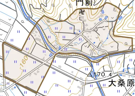 門前とその周辺の地図。町の範囲を重ねている