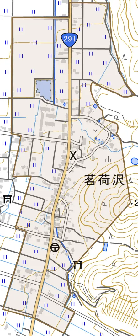 茗荷沢とその周辺の地図。町の範囲を重ねている