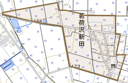 茗荷沢新田とその周辺の地図。町の範囲を重ねている