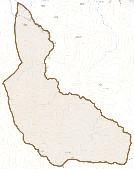 永松とその周辺の地図。町の範囲を重ねている