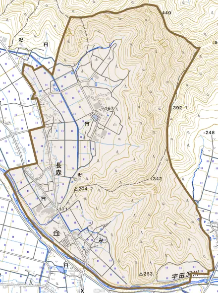 長森とその周辺の地図。町の範囲を重ねている