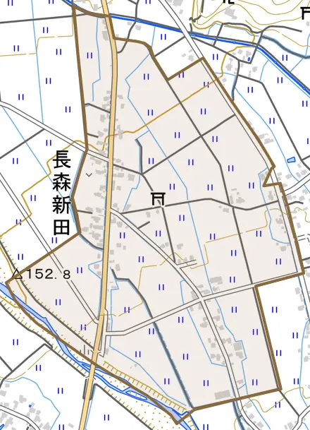 長森新田とその周辺の地図。町の範囲を重ねている