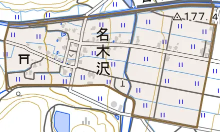 名木沢とその周辺の地図。町の範囲を重ねている