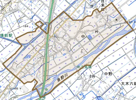中とその周辺の地図。町の範囲を重ねている