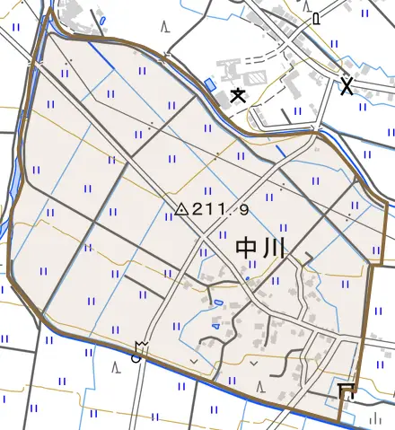 中川とその周辺の地図。町の範囲を重ねている